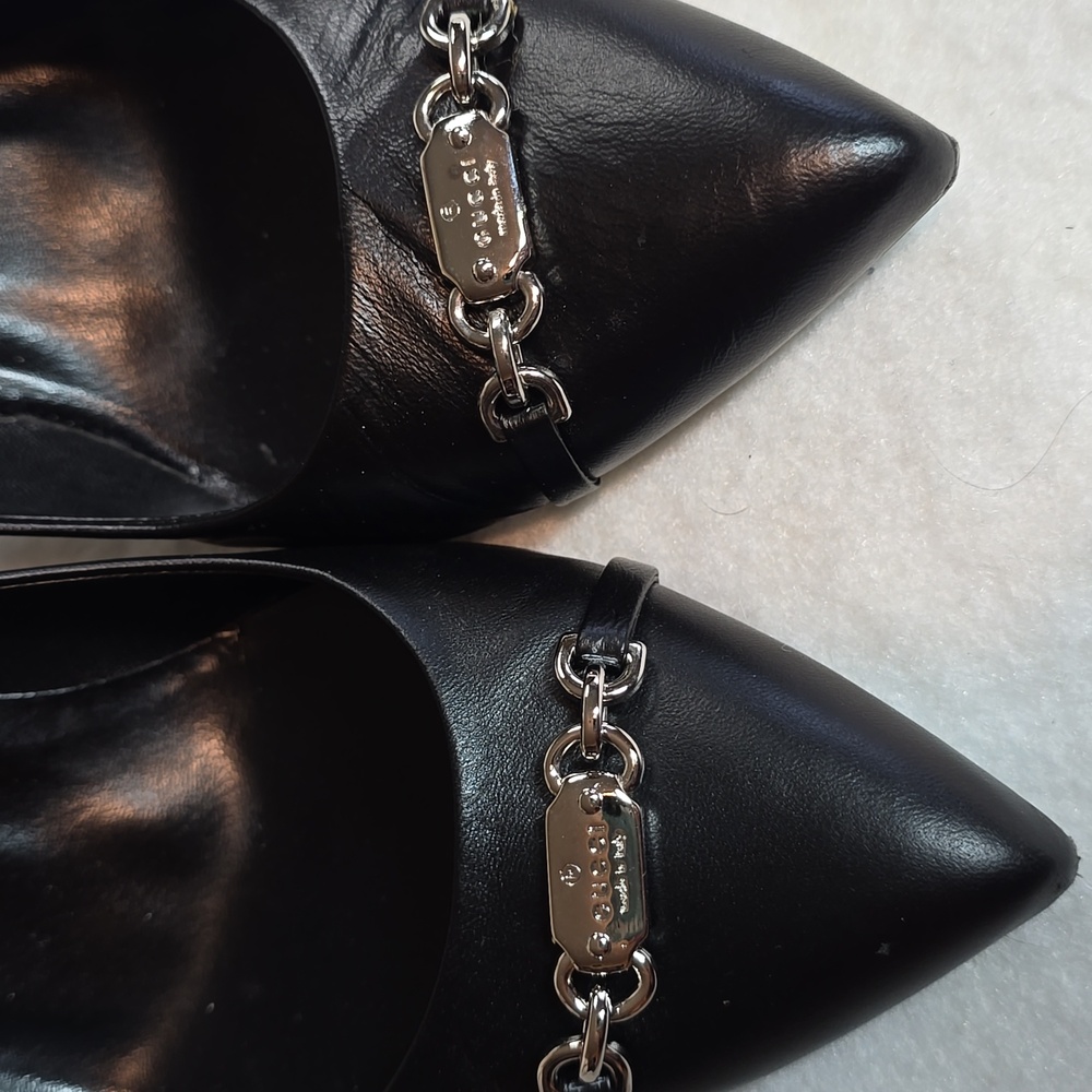 GUCCI Nappa Moorea Molaita Black Leather Pumps With Chain Detail Size 39.5 - Picture 2 of 11